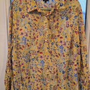 Talbots Women's Plus 2x Yellow Floral Button-Up Blouse Cotton Colorful